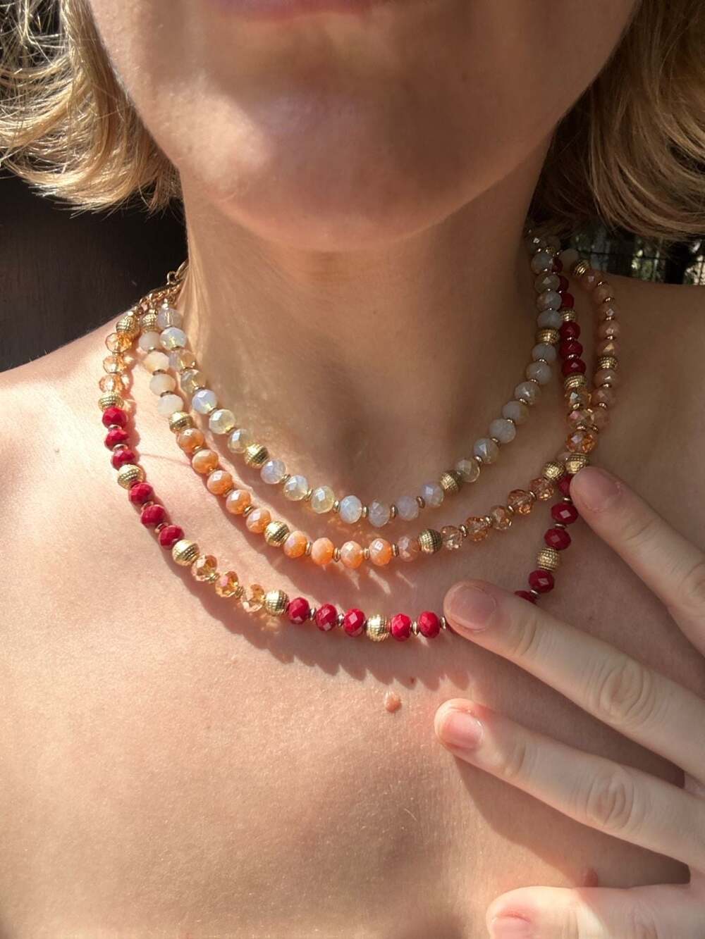 Unbranded Faceted Bead Multi-Strand Layered Necklace Red Orange Gold